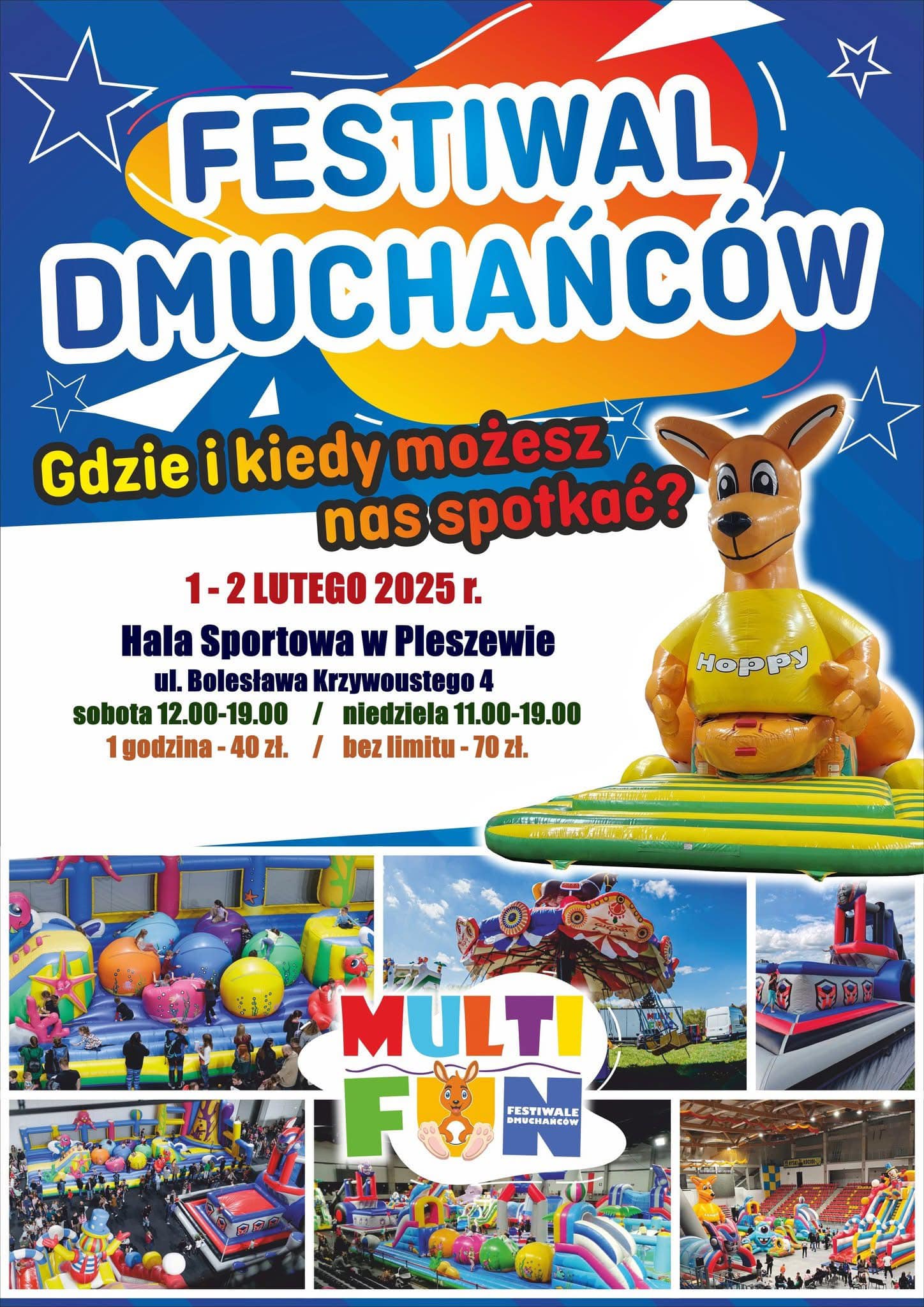 Plakat festiwalu dmuchańców odbywającego się w hali sportowej w Pleszewie.