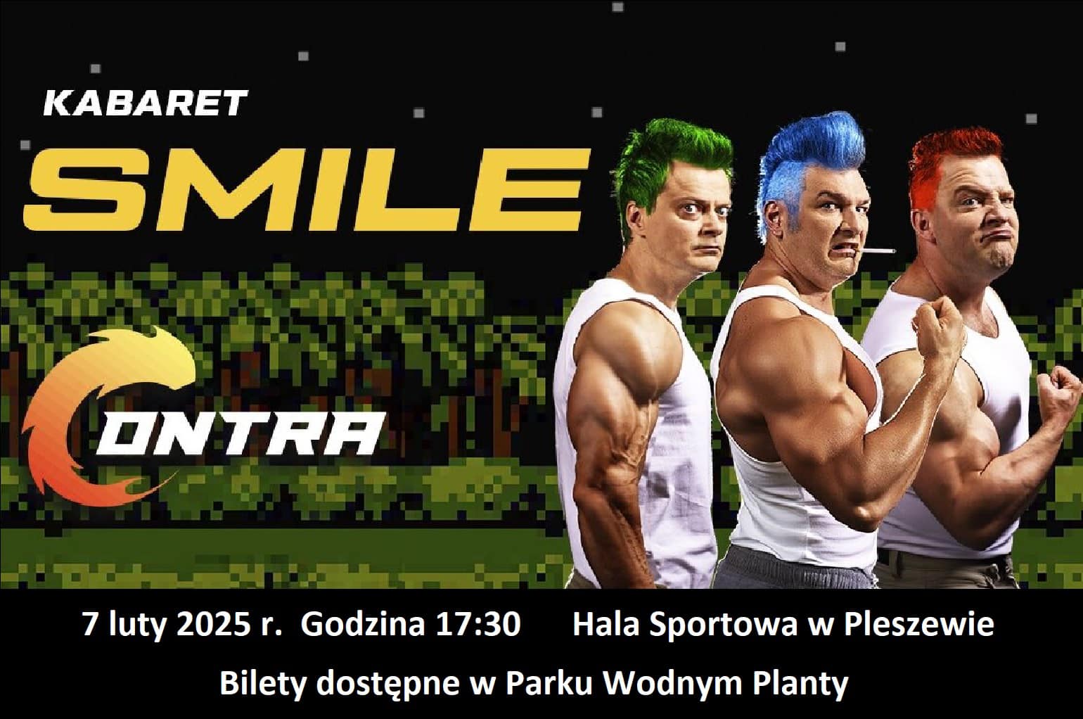 Grafika dotycząca kabaretu Smile odbywającego w Hali Sportowej w Pleszewie 7 lutego 2025 r. o godzinie 17:30.