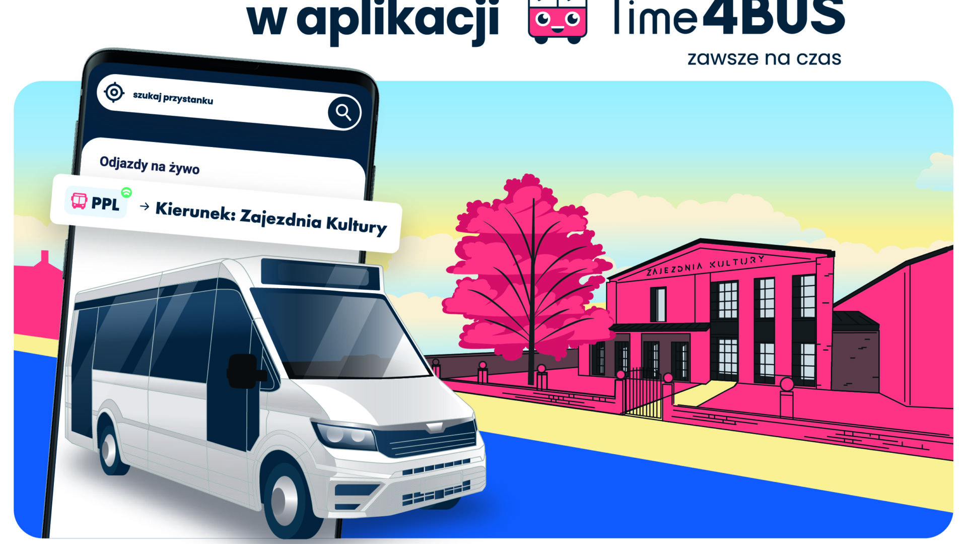 Grafika dekoracyjna promująca aplikację Time4BUS.