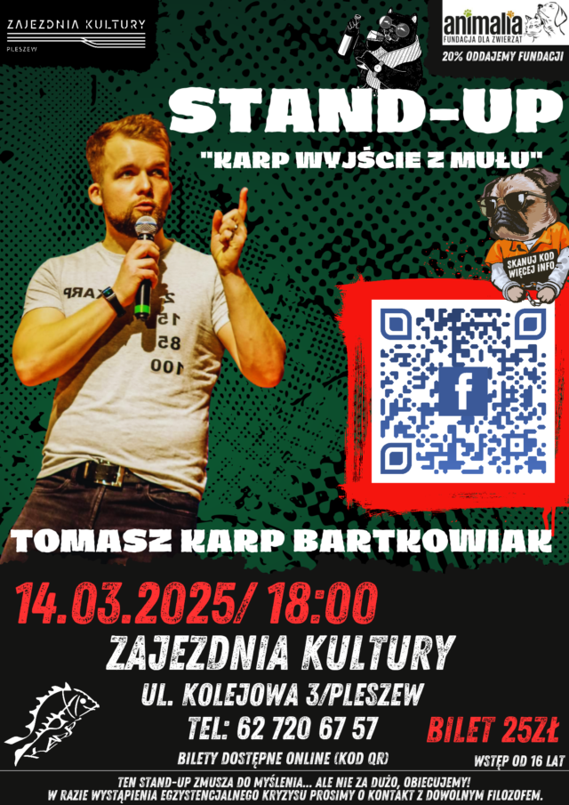 Plakat stand-up Tomasza Bartkowiaka w Zajezdni Kultury w Pleszewie.