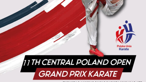 Plakat zawodów Central Poland Open Grand Prix Karate WKF odbywających się w Hali Sportowej w Pleszewie w dniach 12-13 kwietnia 2025 r.