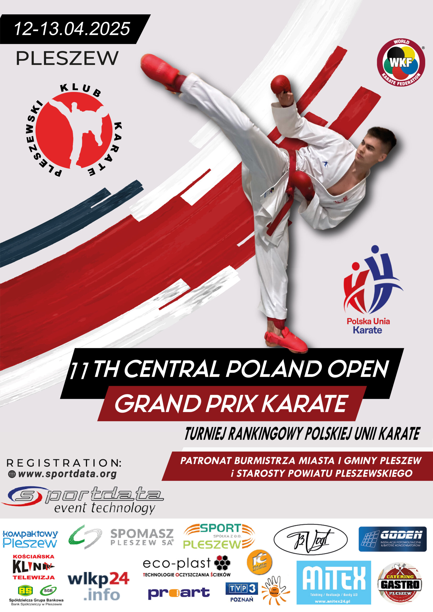 Plakat zawodów Central Poland Open Grand Prix Karate WKF odbywających się w Hali Sportowej w Pleszewie w dniach 12-13 kwietnia 2025 r.