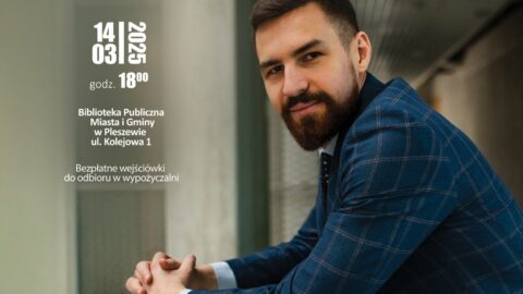 Plakat spotkania z Wojciechem Świdrem w pleszewskiej bibliotece.