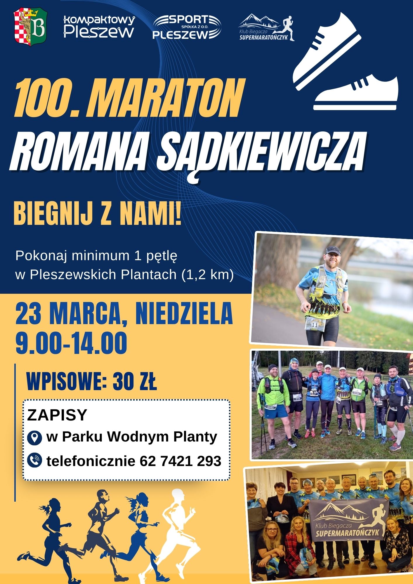 Plakat 100. maratonu Romana Sądkiewicza w parku "Planty" odbywającego się 23 marca 2025 r. w godzinach 9:00-14:00.