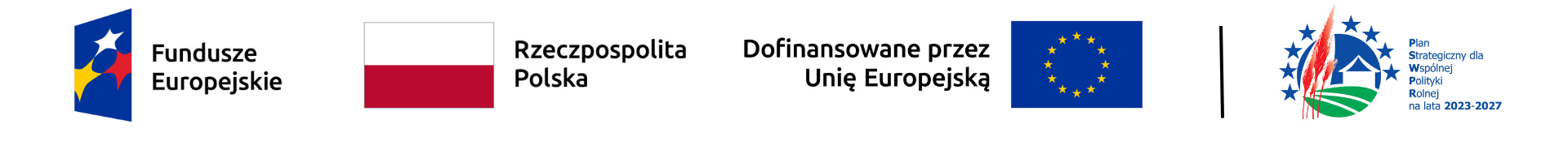 Logotypy: Fundusze Europejskie, Rzeczpospolita Polska, Dofinansowane przez Unię Europejską, Plan Strategiczny dla Wspólnej Polityki Rolnej