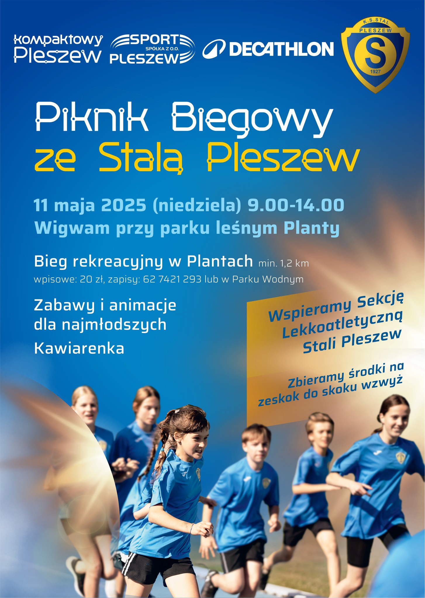 Plakat pikniku biegowego ze Stalą Pleszew odbywającego się 11 maja 2025 r. o godzinie 9:00 w wigwamie przy parku wodnym "Planty".