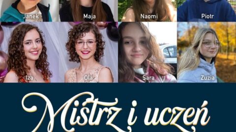 Plakat koncertu "Mistrz i uczeń" odbywającego się w PSM w Pleszewie 16 maja 2025 r. o godzinie 18:00