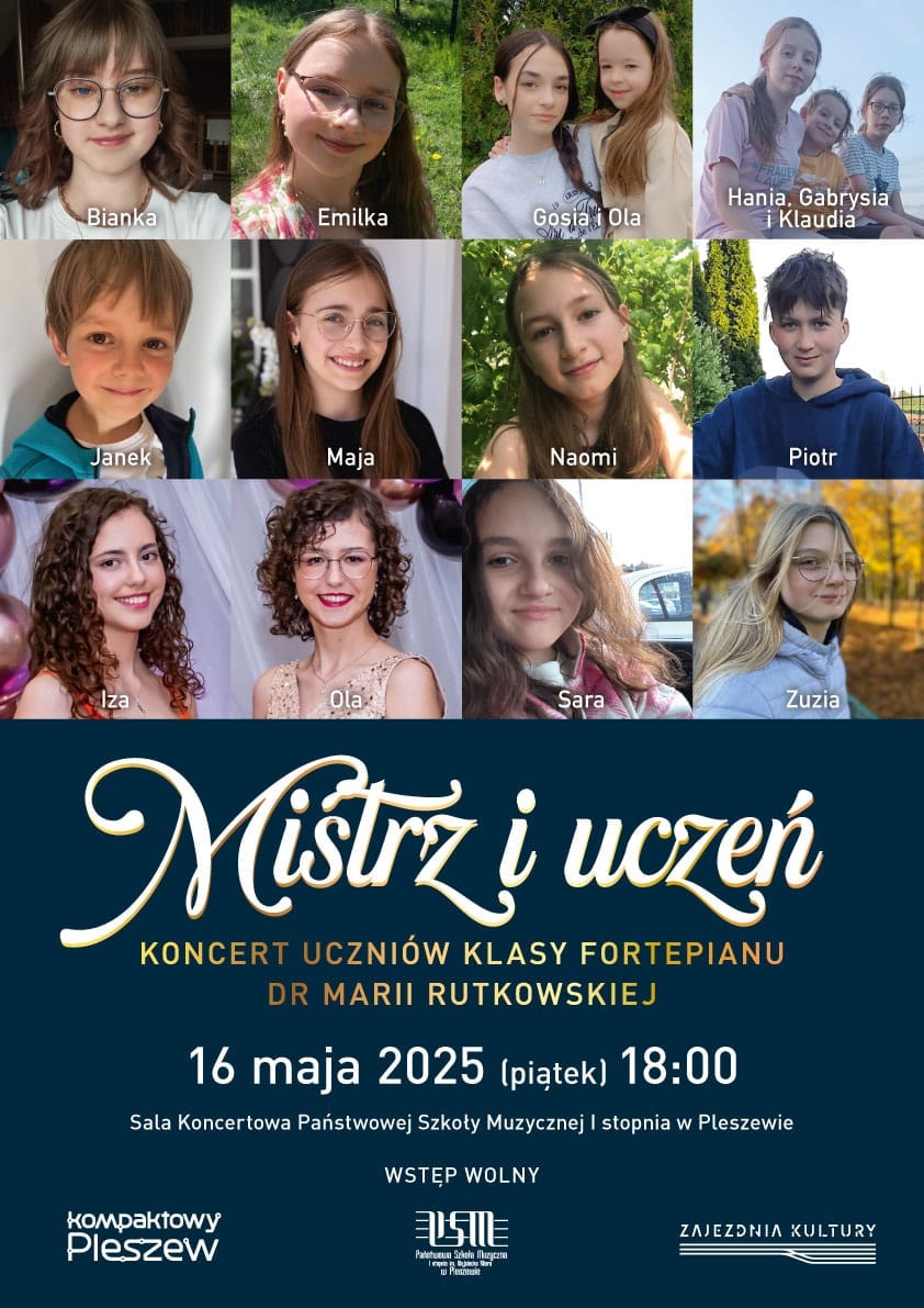 Plakat koncertu "Mistrz i uczeń" odbywającego się w PSM w Pleszewie 16 maja 2025 r. o godzinie 18:00