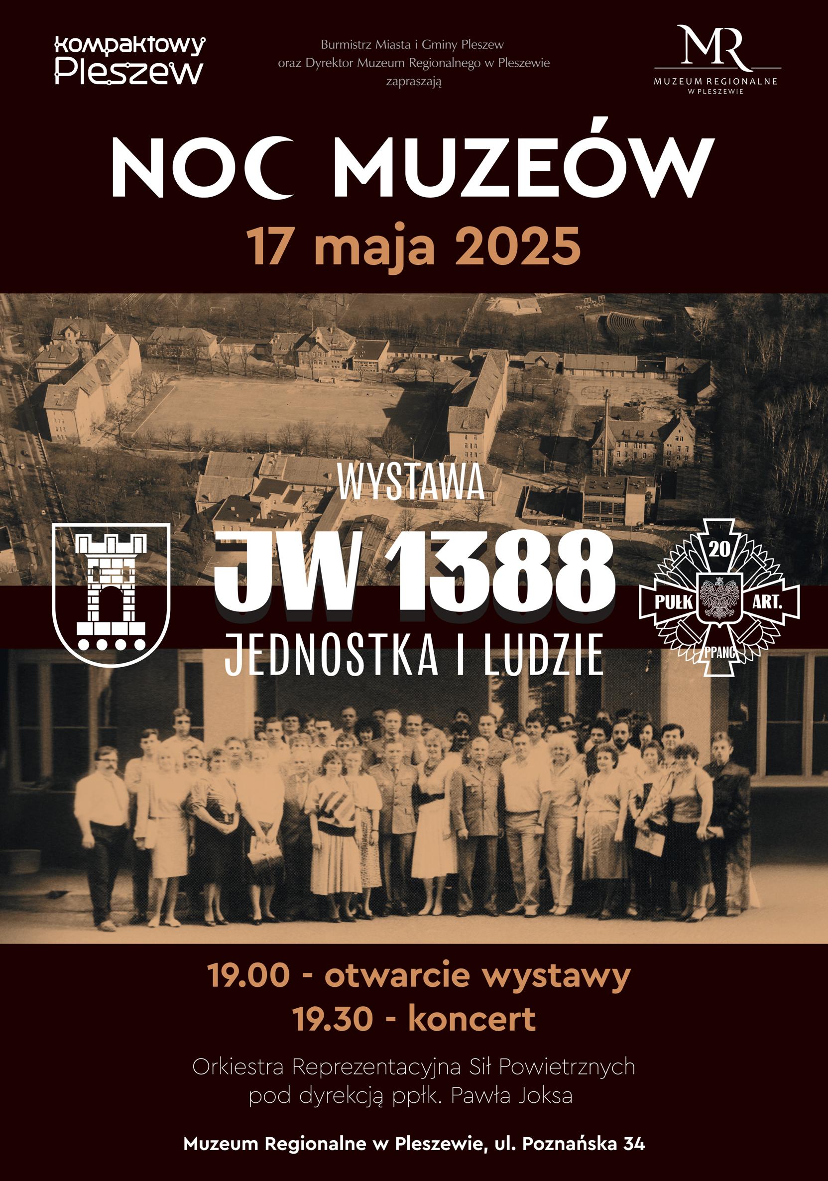 Plakat Nocy Muzeów odbywającej się w Muzeum Regionalnym w Pleszewie 17 maja 2025 r. o godz. 19:00.