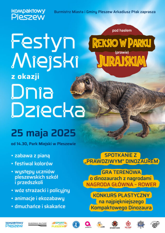 Plakat Festynu Miejskiego z okazji Dnia dziecka organizowanego w Parku Miejskim w Pleszewie 25 maja 2025 r. o godzinie 14:30.