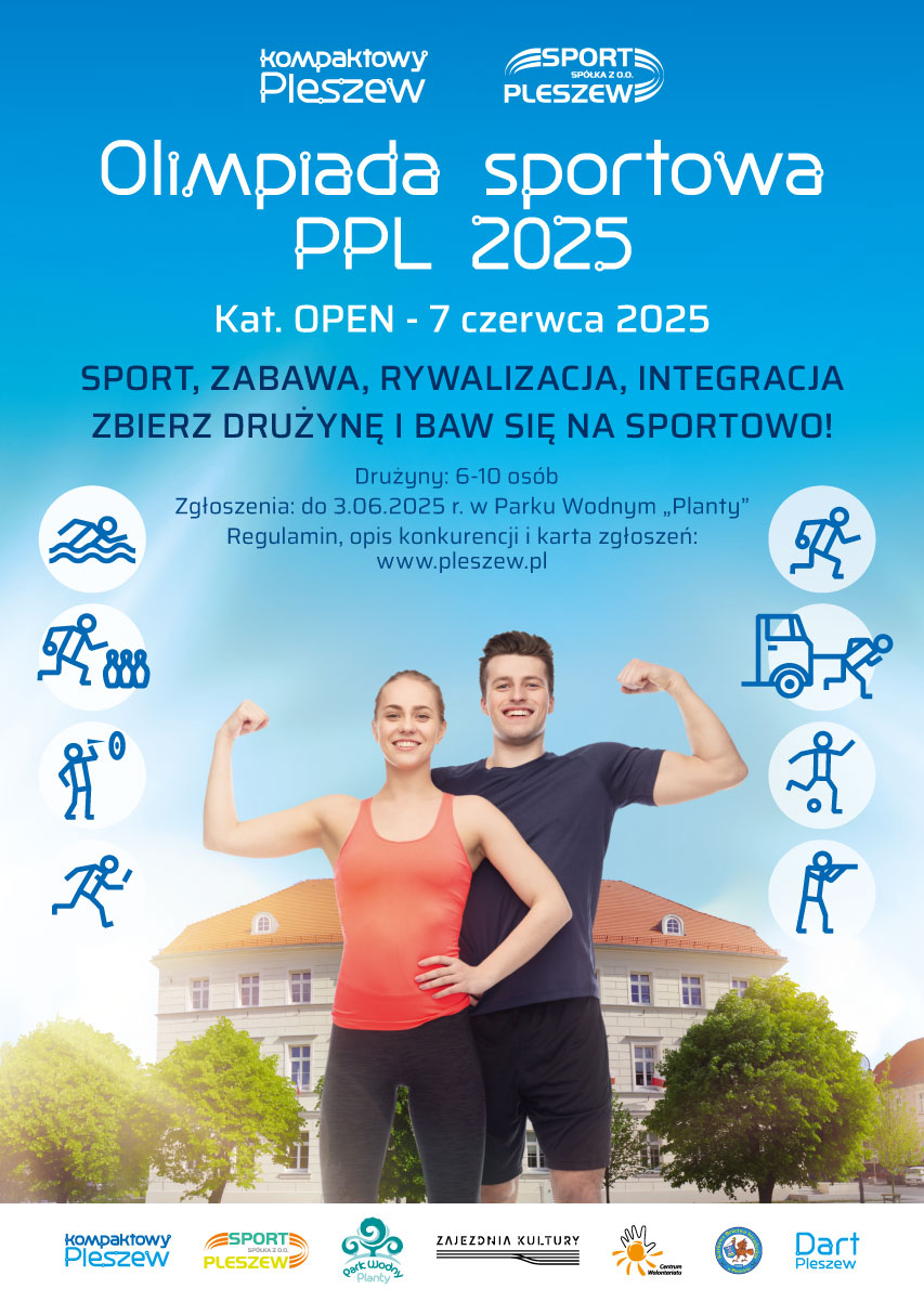 Plakat Olimpiady Sportowej PPL OPEN odbywającej się 7 czerwca 2025 r. na Stadionie Miejskim w Pleszewie.