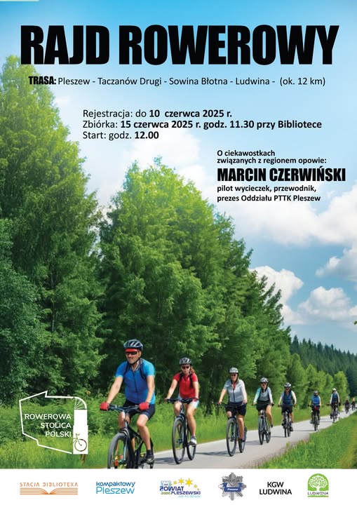 Plakat rajdu rowerowego biblioteki publicznej odbywającego się 15 czerwca 2025 r. o godzinie 11:30.
