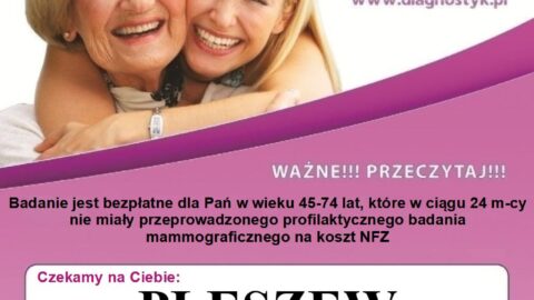 Plakat badań mammograficznych odbywających się 18 czerwca 2025 r. przy Hali Sportowej w Pleszewie