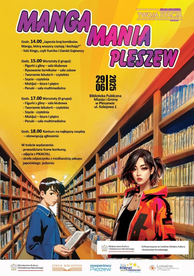 Plakat wydarzenia Manga Mania Pleszew odbywającego się 29 czerwca 2025 r. w bibliotece publicznej MiG Pleszew
