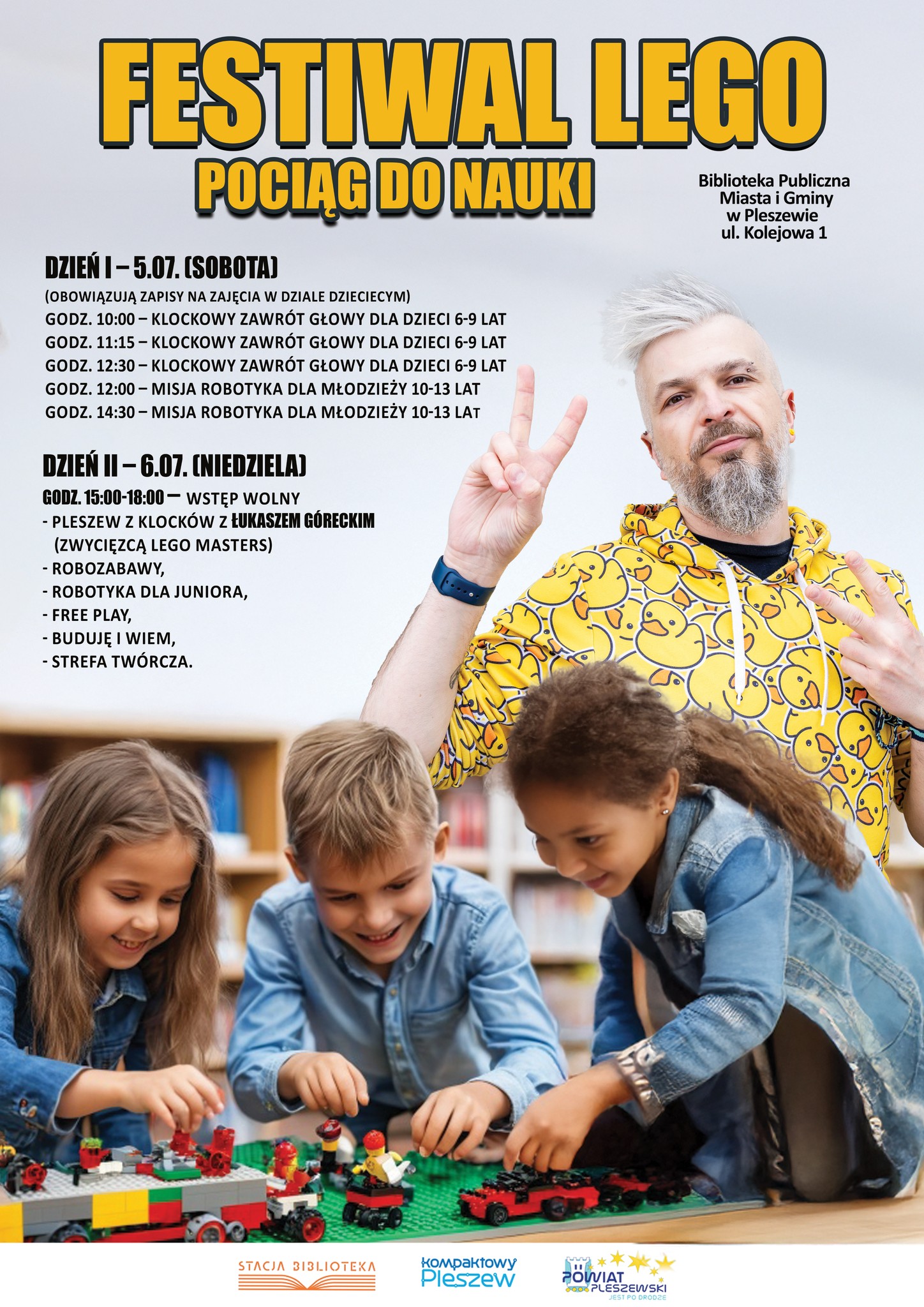 Plakat Festiwalu LEGO odbywającego się w Bibliotece Publicznej MiG Pleszew 5 i 6 lipca 2025 r.
