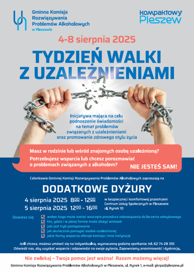 Plakat Tygodnia Walki z Uzależnieniami GKRPA w Pleszewie.