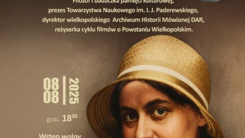 Plakat wykładu pt. "Kim naprawdę była Edyta Stein?" odbywającego się w bibliotece publicznej MiG Pleszew 8 sierpnia 2025 r. o godzinie 18:30.