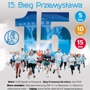 Plakat 15. Biegu Przemysława w Pleszewie odbywającego się 21 września 2025 r. o godzinie 11:00 na pleszewskim Rynku