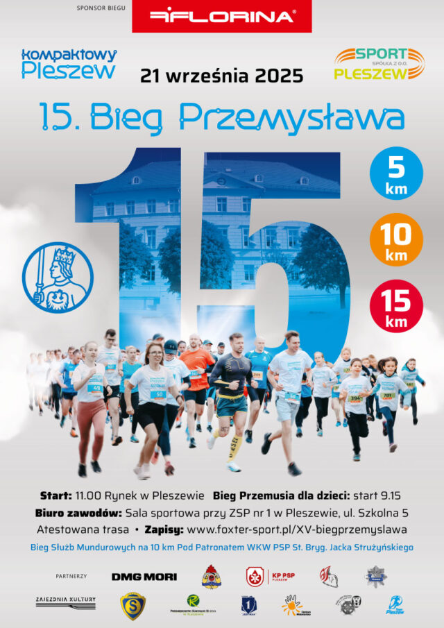 Plakat 15. Biegu Przemysława w Pleszewie odbywającego się 21 września 2025 r. o godzinie 11:00 na pleszewskim Rynku