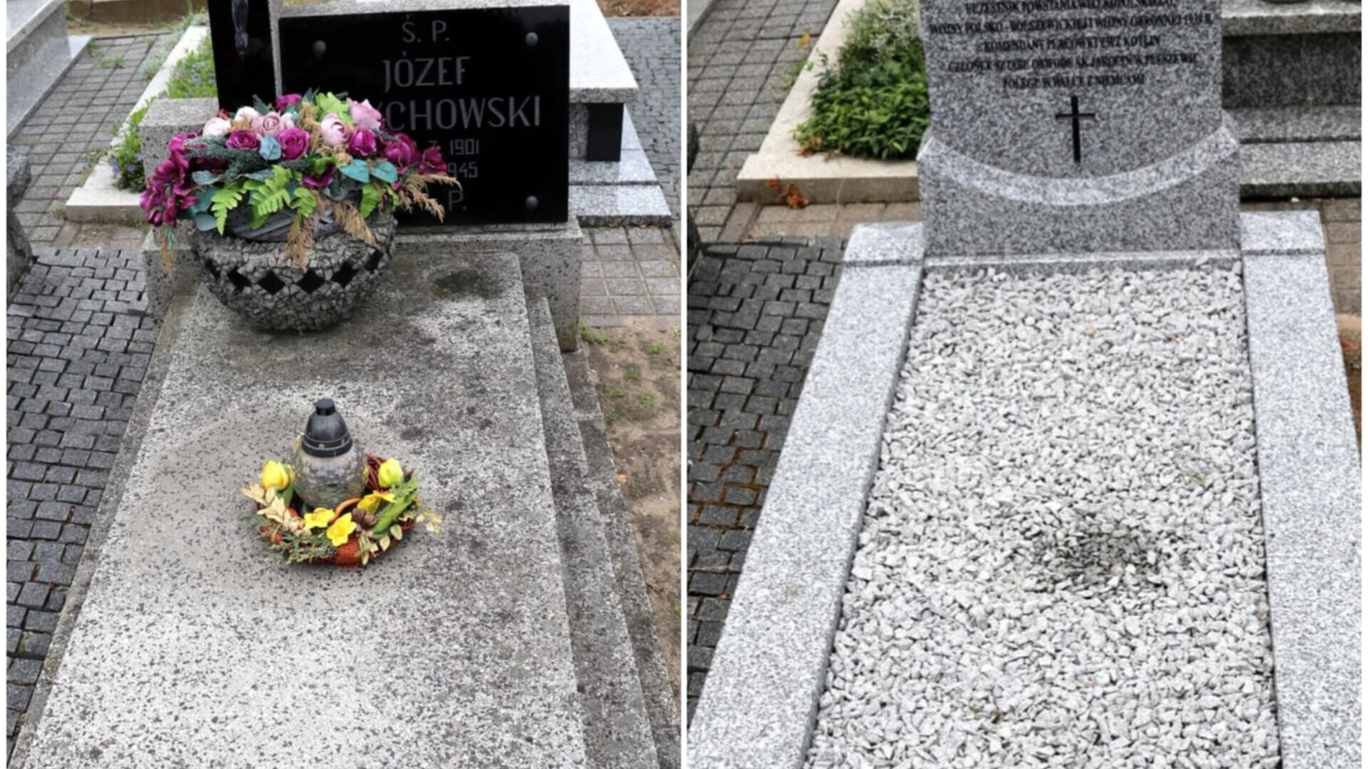 Porównanie dawnego i odnowionego grobu wojennego Józefa Krychowskiego na cmentarzu przy ul. Kaliskiej w Pleszewie.