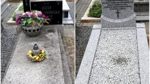 Porównanie dawnego i odnowionego grobu wojennego Józefa Krychowskiego na cmentarzu przy ul. Kaliskiej w Pleszewie.