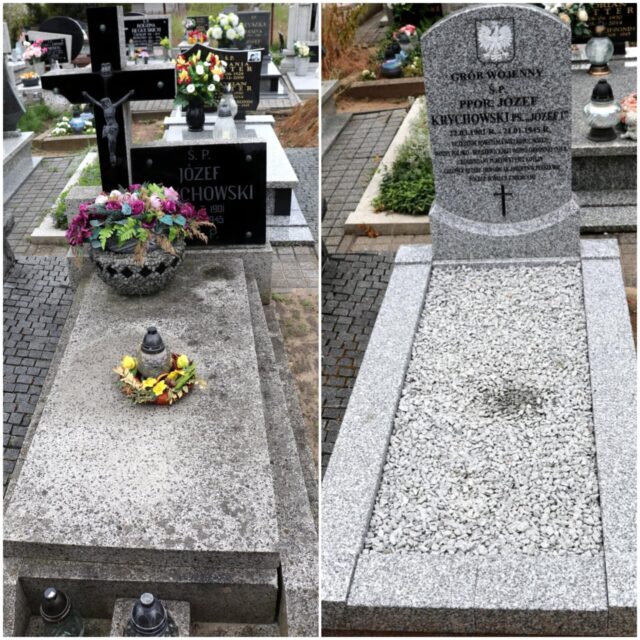 Porównanie dawnego i odnowionego grobu wojennego Józefa Krychowskiego na cmentarzu przy ul. Kaliskiej w Pleszewie.