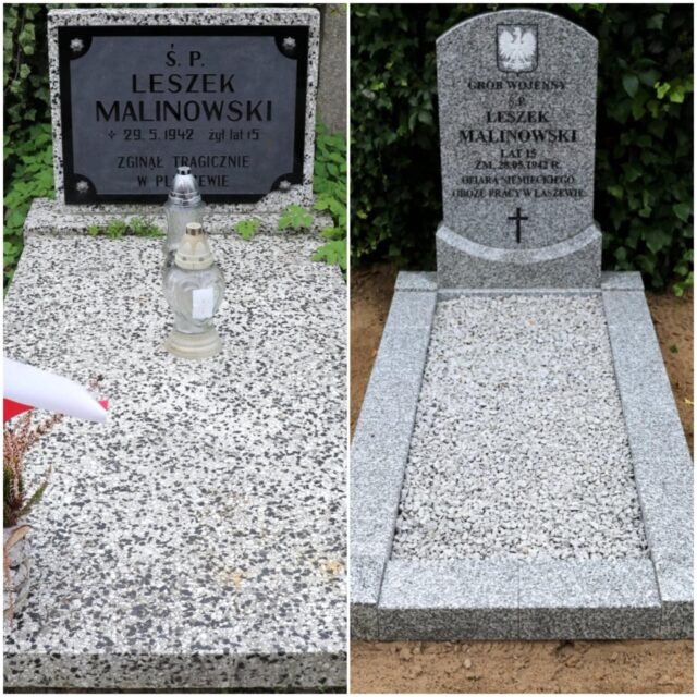 Porównanie dawnego i odnowionego grobu wojennego Leszka Malinowskiego na cmentarzu przy ul. Kaliskiej w Pleszewie.