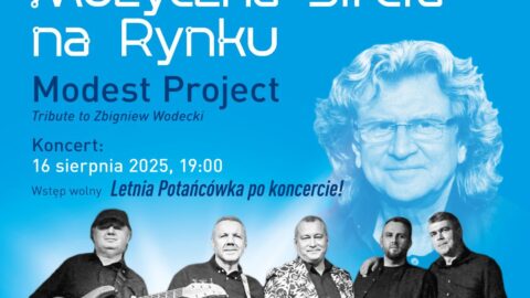 Plakat Muzycznej Strefy na Rynku "Modest Project" organizowanej 16 sierpnia 2025 r. o godzinie 19:00.