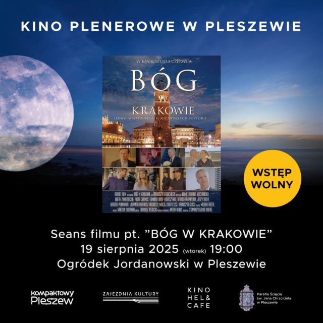 Plakat kina plenerowego w Ogrodzie Jordanowskim w Pleszewie 19 sierpnia 2025 r. o godzinie 19:00.