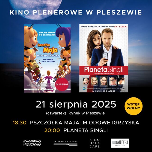 Plakat kina plenerowego na pleszewskim Rynku 21 sierpnia 2025 r. o godzinie 20:00.