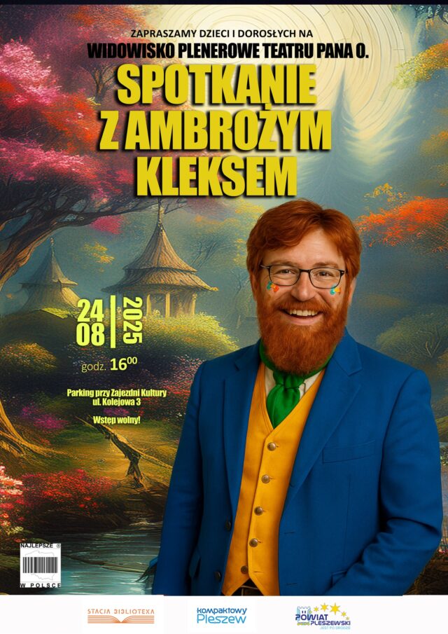 Plakat spotkania z Ambrożym Kleksem odbywającego się na torowisku w Pleszewie 24 sierpnia 2025 r. o godzinie 16:00.