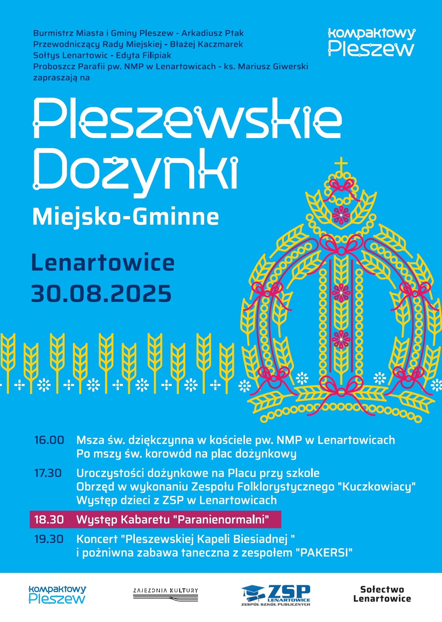 Plakat Pleszewskich Dożynek Miejsko-Gminnych w Lenartowicach odbywających się 30 sierpnia 2025 r. o godzinie 16:00.