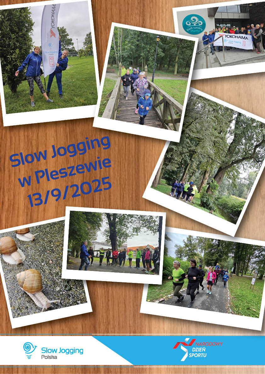 Plakat slow joggingu odbywającego się przy parku wodnym "Planty" 13 września 2025 r. o godzinie 15:00.