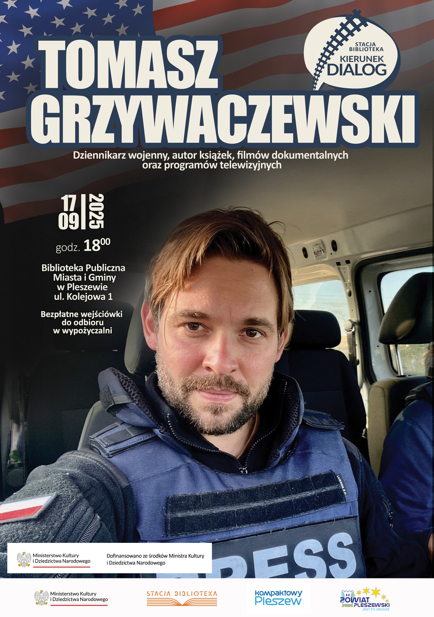 Plakat spotkania z Tomaszem Grzywaczewskim w Bibliotece Publicznej MiG Pleszew 17 września 2025 r. o godzinie 18:00.