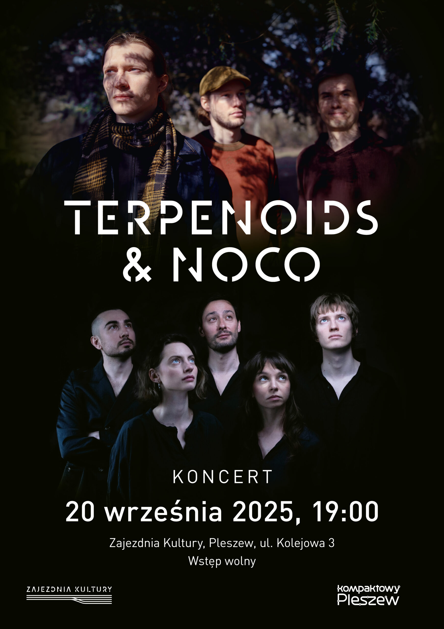 Plakat koncertu Terpenoids & Noco odbywającego się w Zajezdni Kultury w Pleszewie 20 września 2025 r. o godzinie 19:00.