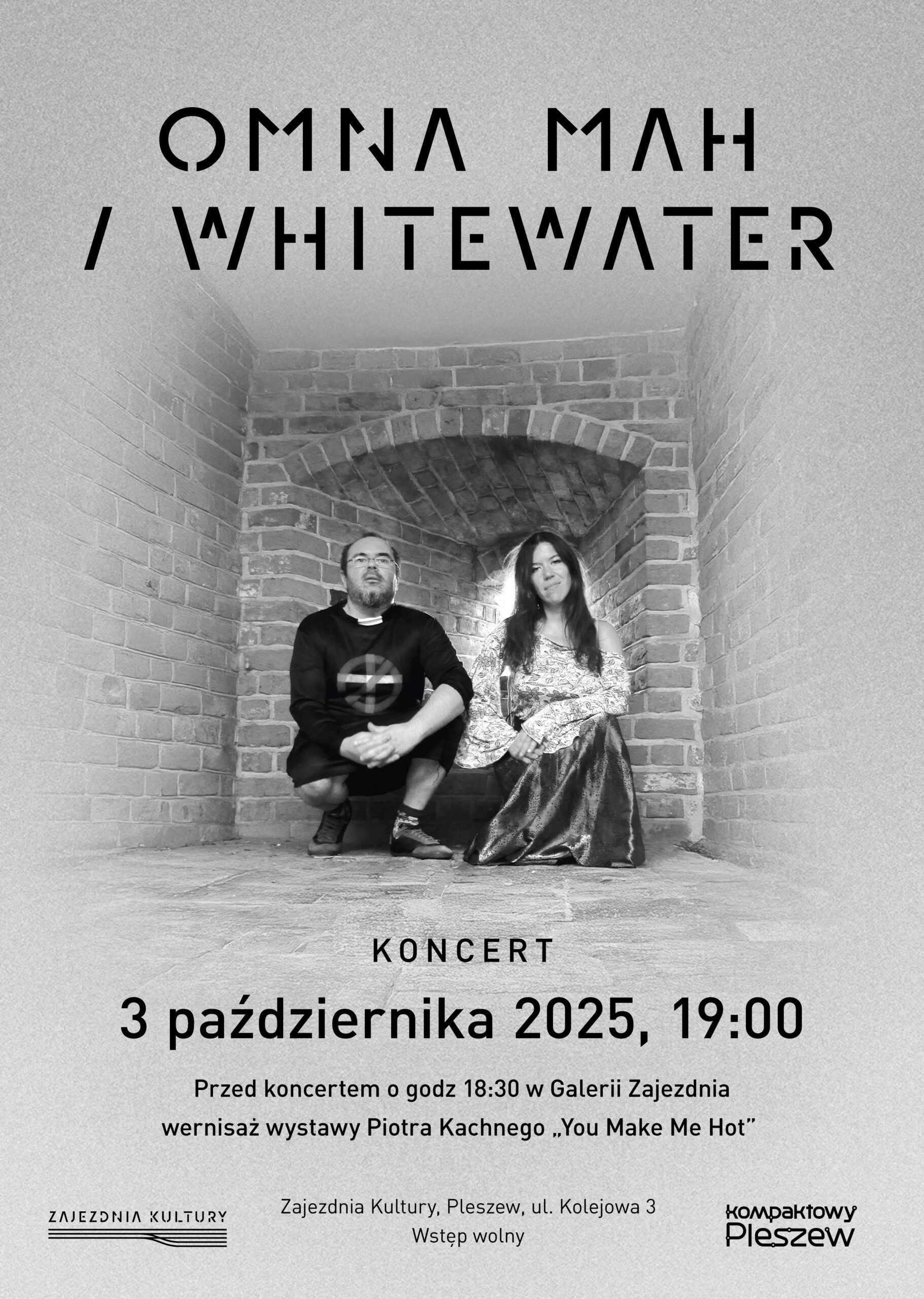Plakat koncertu OMNA MAH/WHITEWATER 3 października 2025 r. o godzinie 19:00 w Zajezdni Kultury w Pleszewie.