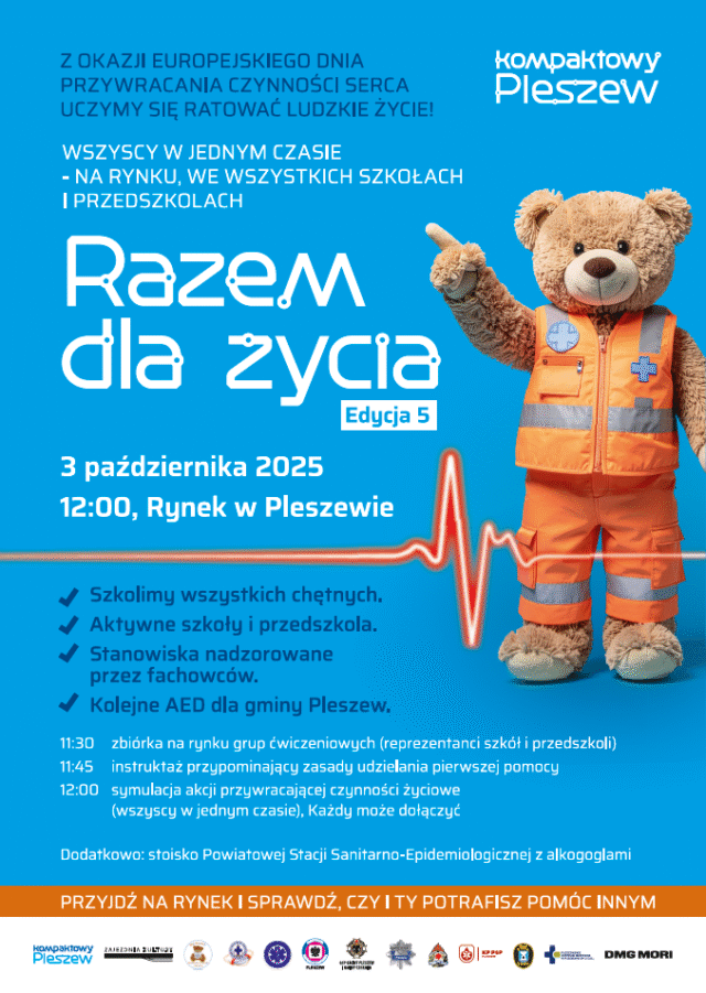Plakat akcji Razem dla Życia odbywającej się 3 października 2025 r. na pleszewskim Rynku oraz szkołach i przedszkolach MiG Pleszew o godzinie 12:00.