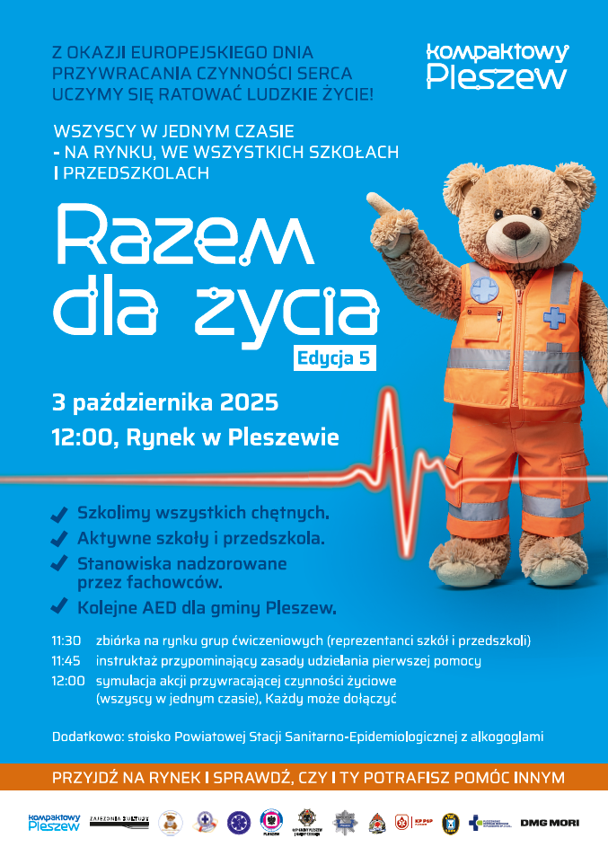 Plakat akcji Razem dla Życia odbywającej się 3 października 2025 r. na pleszewskim Rynku oraz szkołach i przedszkolach MiG Pleszew o godzinie 12:00.