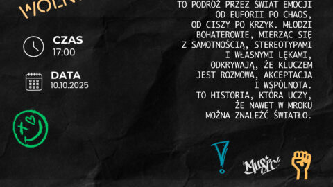 Plakat spektaklu młodzieży z ZST w Pleszewie odbywającego się 10 października 2025 r. w Zajezdni Kultury w Pleszewie.