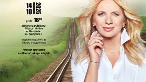 Plakat spotkania z Marzeną Rogalską odbywającego się 10 października 2025 r. w Bibliotece Publicznej MiG Pleszew.