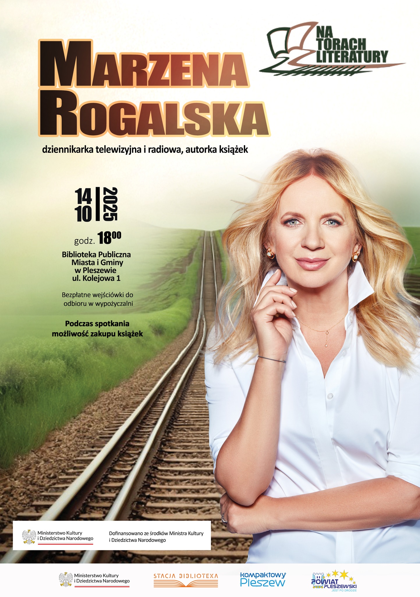 Plakat spotkania z Marzeną Rogalską odbywającego się 10 października 2025 r. w Bibliotece Publicznej MiG Pleszew.