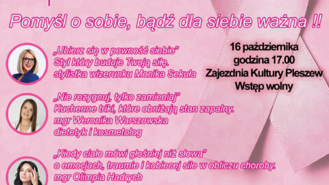 Plakat wydarzenia "Różowy październik" organizowanego w Zajezdni Kultury w Pleszewie 16 października 2025 r. o godz. 17:00.