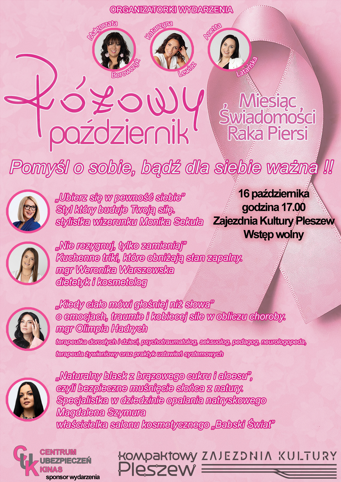 Plakat wydarzenia "Różowy październik" organizowanego w Zajezdni Kultury w Pleszewie 16 października 2025 r. o godz. 17:00.
