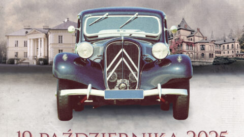 Plakat rajdu pojazdów zabytkowych odbywającego się 19 października 2025 r. o godzinie 8:00.