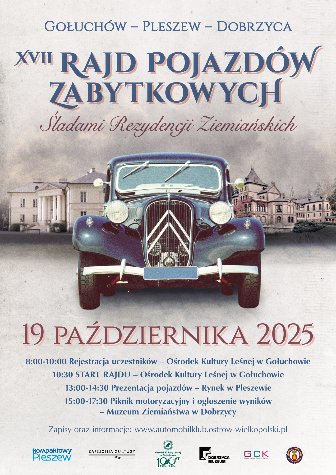 Plakat rajdu pojazdów zabytkowych odbywającego się 19 października 2025 r. o godzinie 8:00.