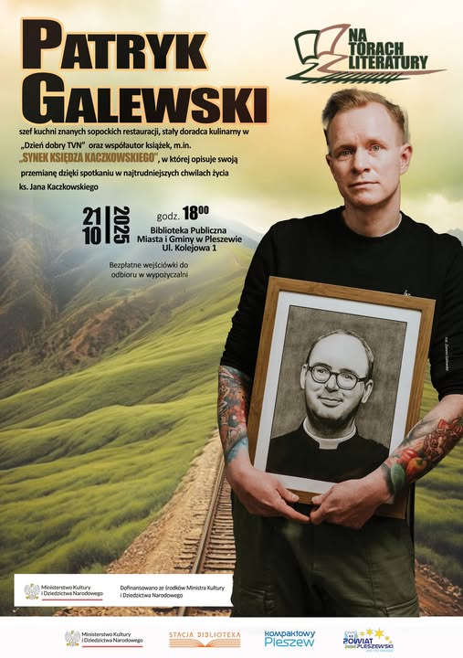 Plakat spotkania z Patrykiem Galewskim odbywającego się 21 października 2025 r. o godzinie 18:00 w Bibliotece Publicznej MiG Pleszew.