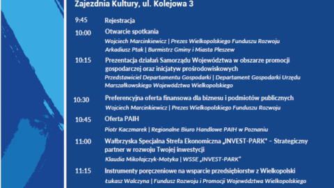 Plakat konferencji dla przedsiębiorców z agendą odbywającej się 22 października 2025 r. w Zajezdni Kultury w Pleszewie.
