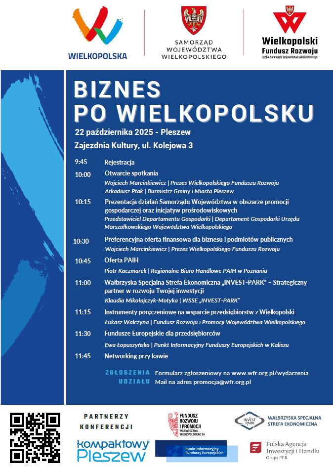 Plakat konferencji dla przedsiębiorców z agendą odbywającej się 22 października 2025 r. w Zajezdni Kultury w Pleszewie.