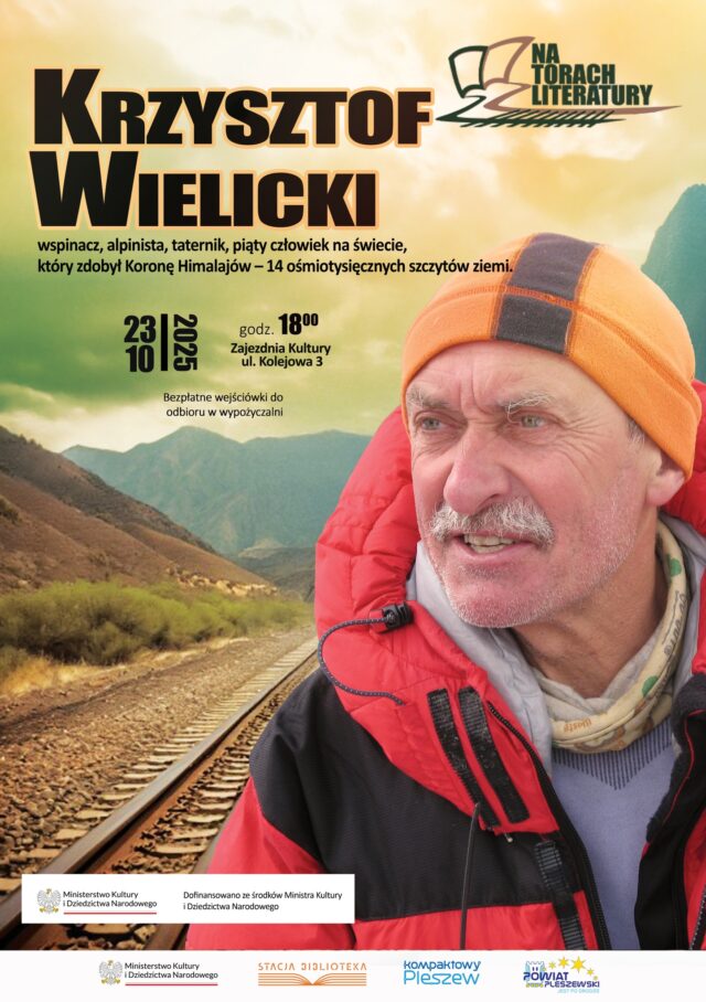 Plakat spotkania z Krzysztofem Wielickim organizowanego w Zajezdni Kultury w Pleszewie 23 października 2025 r. o godzinie 18:00.