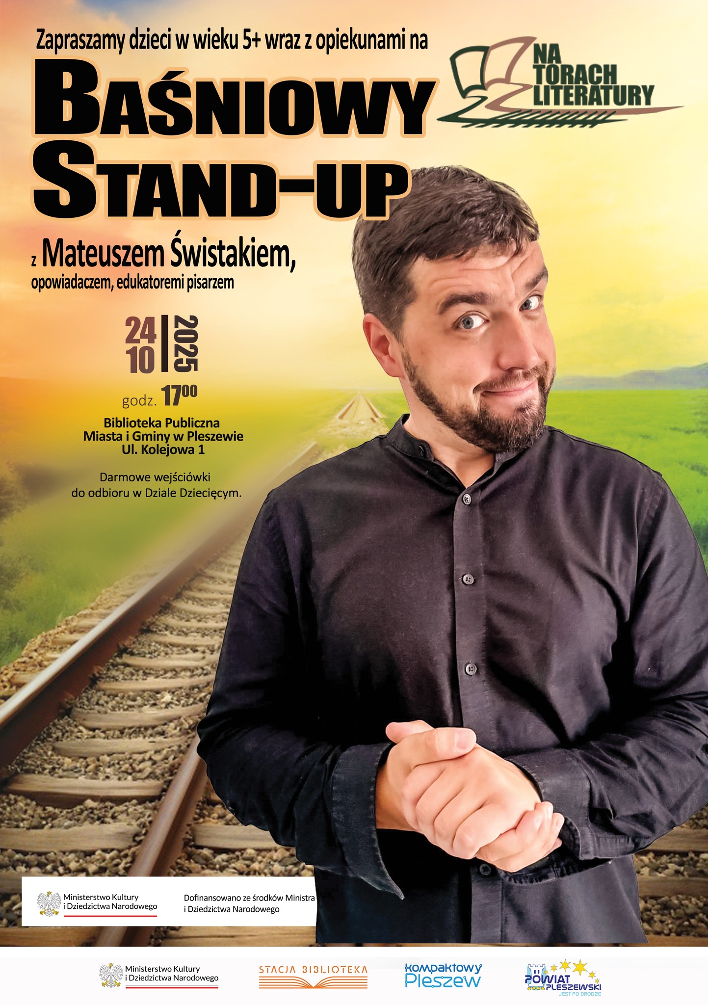 Plakat baśniowego stan-upu z Mateuszem Świstakiem odbywającego się 24 października 2025 r. o godzinie 17:00 w Bibliotece Publicznej MiG Pleszew.